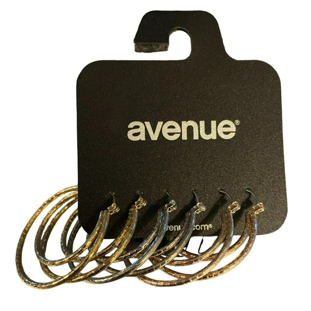 3 pair NWT Avenue Gold, Rose Gold, and Silver Tone Textured Hoop Earrings